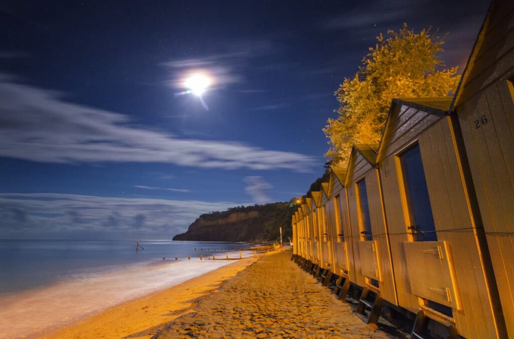 Shanklin beach huts at night